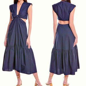 A.L.C. Alexandria Cotton Knotted-Front Cut-Out Waist Midi Dress Navy sz 4 $495